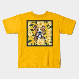 Pitbull and flowers, dog, seamless print, style vector (yellow flowers & pitbull) Kids T-Shirt